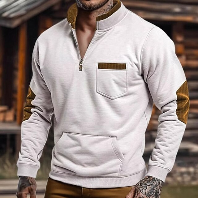 Men's Sweatshirt Quarter Zip Sweatshirt White Standing Collar Color Block Patchwork Pocket Sports & Outdoor Casual Daily Vintage Streetwear Casual Spring Fall Clothing Apparel Hoodies Sweatshirts4