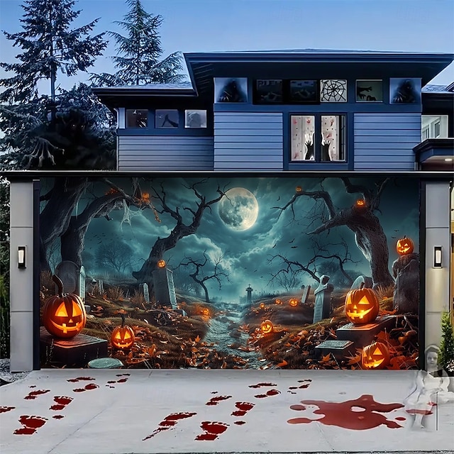  Couverture de porte de garage Halloween – Cimetière hanté avec fantômes et pleine lune décoration extérieure effrayante pour jardin avant maison Halloween 2025