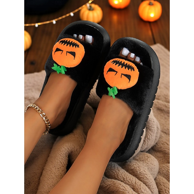  Weiße, flauschige Halloween-Kürbis-Hausschuhe für Damen – weiche Hausschuhe mit lustigem Cartoon-Design für Herbst und Feiertage