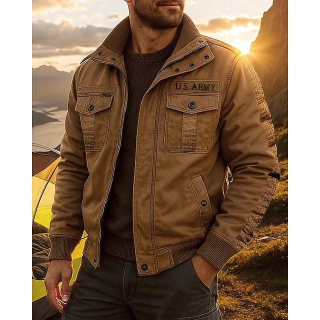 Men's Fleece Cargo Jacket Cotton Winter Outdoor Thermal Warm Top Black Green Khaki