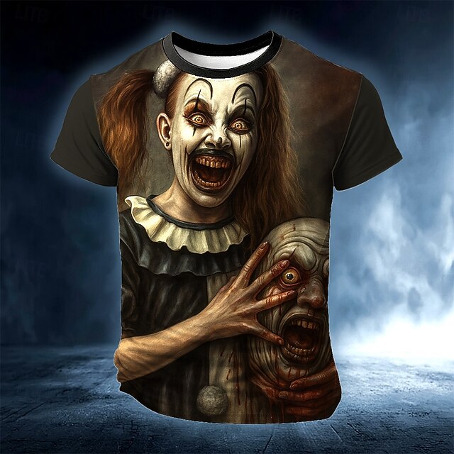 Halloween Men's Optical Illusion Creepy Clown 3D Clown T Shirt Short Sleeve T shirt 3D Print Crew Neck Shirt Exaggerated Designer Horror Party Street Casual Black Summer Spring All Seasons Clothing4