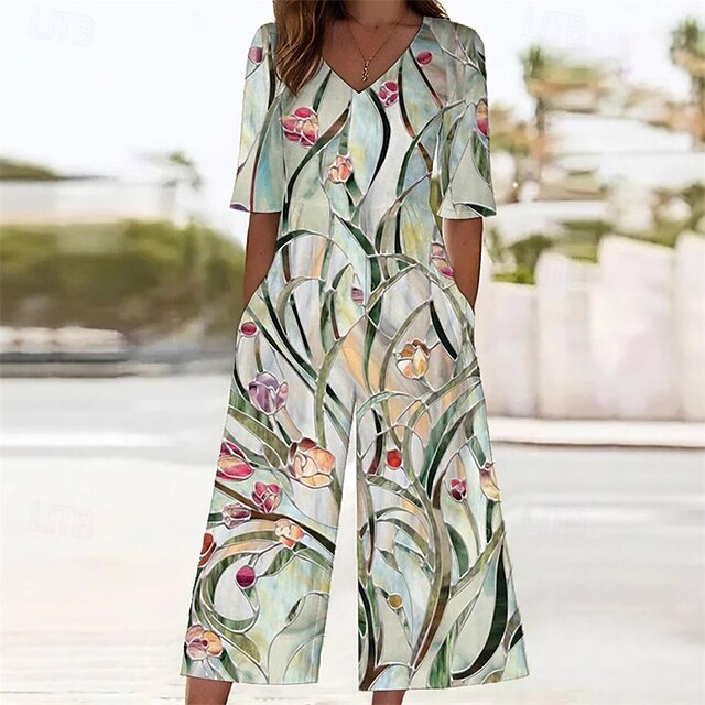 Women's Normal Jumpsuit Streetwear Floral Short Sleeve Wide Leg V Neck Pocket Print Street Daily Regular Fit Green Summer4