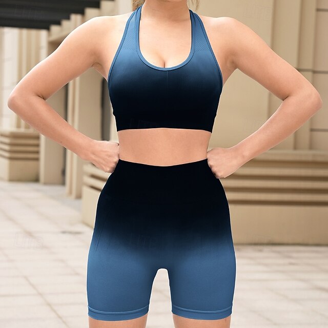  Dam 2 delar Sport BH Träningsset Yogakläder Färggradient Träningsdräkter Svart Rodnande Rosa Gymträning Hög midja Stretch Andningsfunktion Ärmlös Sport Sportkläder Smal