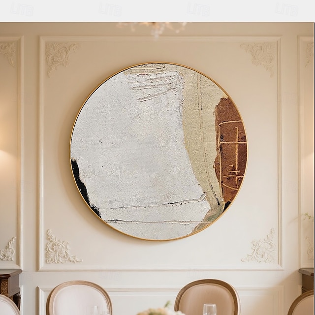  Handmade Circular Oil Painting Abstract Textured Pattern Surface With Geometric Details Modern Wall Art In Calming Ivory Beige Espresso Palette Ready To Hang Artisan Crafted Stretched painting