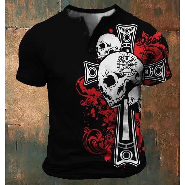 Men's Halloween Skull Cool Skulls T Shirt Henley Shirt Short Sleeve Designer Retro Vintage Street Casual Daily Summer Spring Black Henley Henley T-Shirt4