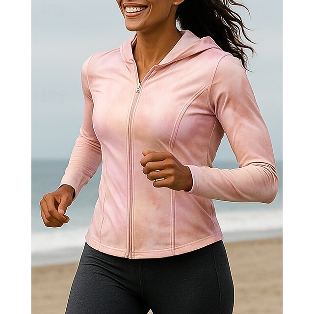 Women's Running Jacket Outdoor Jacket Hooded Jacket Full Zip Long Sleeve Top Athleisure Color Gradient Sun Protection Windproof Outdoor Running Yoga Sportswear Activewear Pink4