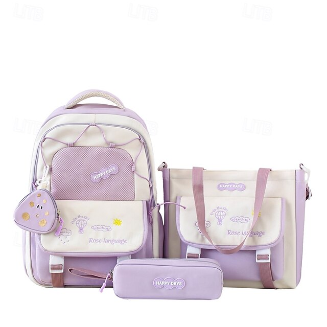  3-teiliges gelbes Rucksackset für Mädchen zum Schulanfang – süße „Happy Days“-Schultasche mit Tragetasche, Federmäppchen und Beuteln – leichtes, ästhetisches Büchertaschen-Set