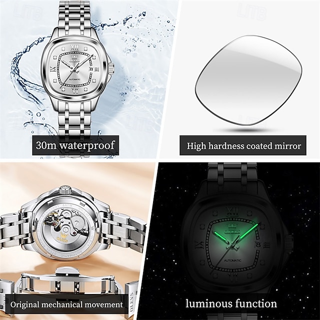  la nouvelle montre d'affaires pour femme à cadran carré Olevs, étanche, affichage lumineux du jour du calendrier, montre mécanique entièrement automatique, montre-bracelet de sport pour femme à la