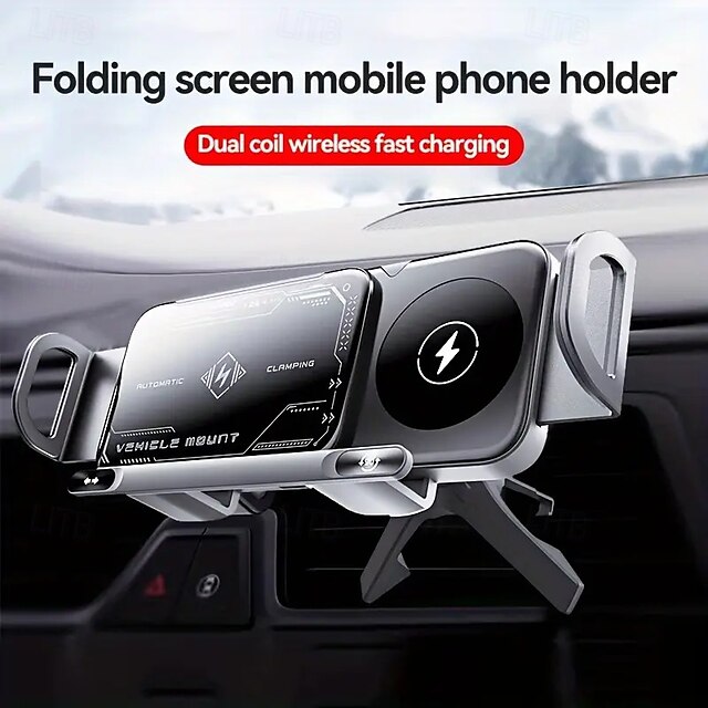  Nuevo soporte para coche con pantalla plegable para teléfono o tableta, 15 W, carga rápida inalámbrica, 2 en 1, soporte magnético giratorio automático para teléfono, soporte para rejilla de