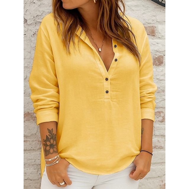  Damen Bluse Einfarbig Einfach Elegant Stilvoll Lässig Langarm V Ausschnitt Normale Oberteile Täglich Ferien Weiß Gelb Rosa Blau Frühling Herbst