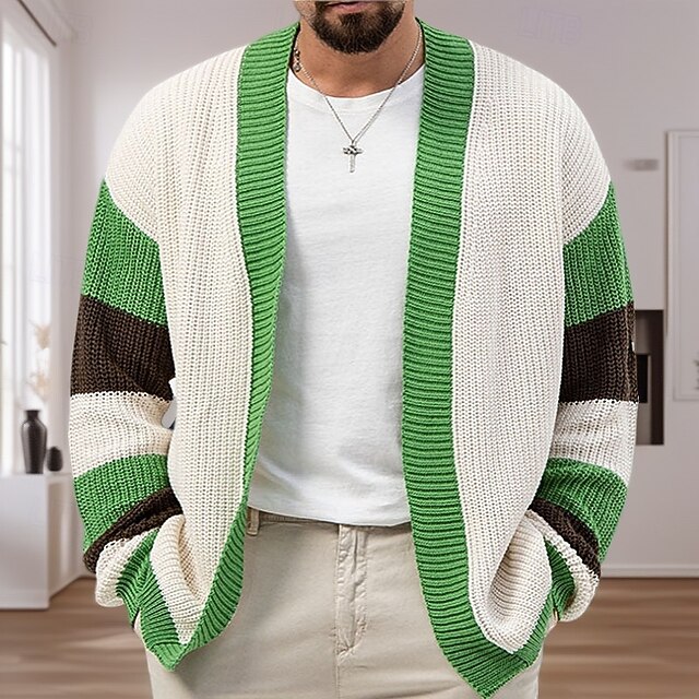  Herren Pullover Strickjacke Gerippt Stricken Normale Oberteile Farbblock Gestrickt Gestreift V Ausschnitt Moderne zeitgenössische Lässig Lässig Alltagskleidung Bekleidung Winter Grün M L XL