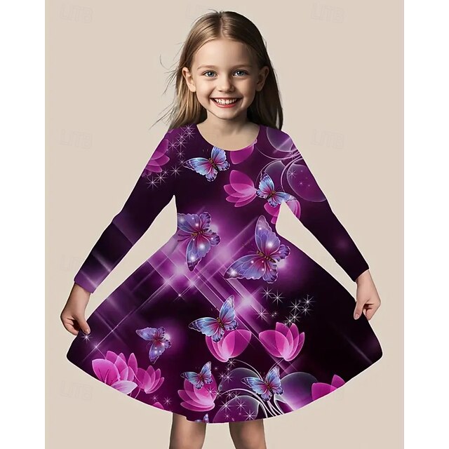  Tyttöjen 3D Perhonen Mekko Pitkähihainen Kesä Kevät Loma Päivittäin Pyhäpäivä Prinsessa Kaunis Makea Lapset 4-12 vuotta Rento mekko A linjainen mekko Polvipituinen Normaali