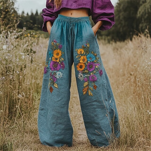 Women's Wide Leg Pants Trousers Palazzo Pants Vintage Boho Full Length High Waist Flower Elastic Waist Printing Breathability Comfortable Street Daily Wear Going out Blue Spring Fall Regular Fit4