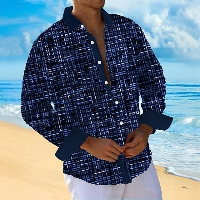 Men's Geometric Line Shirt Button Up Shirt Casual Dress Shirt Long Sleeve Fashion Casual Vacation Daily Streetwear Summer Spring Turndown 3D Print Collared Shirts Dark Blue4