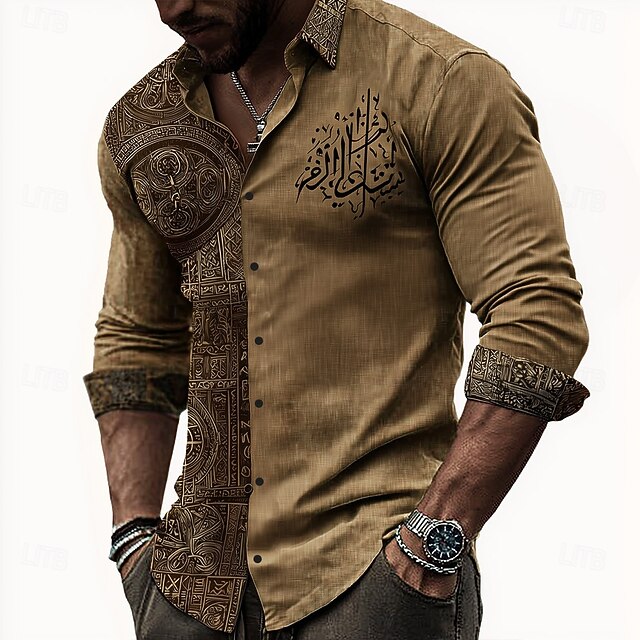 Men's Letter Printed Ethnic Shirt Button Up Shirt Casual Dress Shirt Long Sleeve Vintage Retro Vacation Daily Streetwear Summer Spring Turndown 3D Print Collared Shirts Khaki4