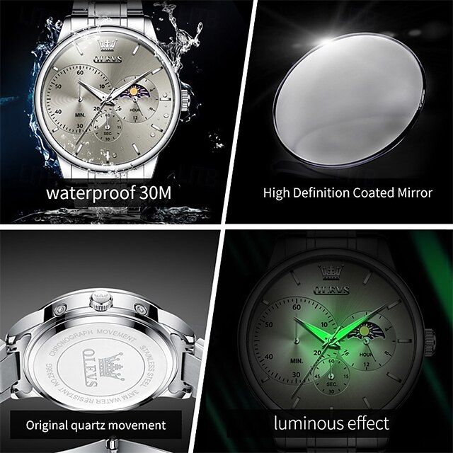  um novo relógio de negócios masculino olevs com pulseira de aço, cronógrafo luminoso com indicação de 24 horas, relógio de quartzo multifuncional resistente à água, relógio de pulso esportivo casual