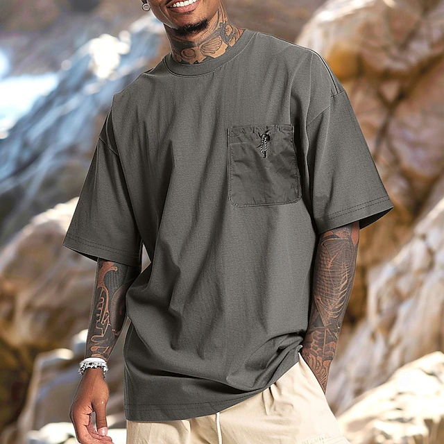 Men's Short Sleeve Shirt Tee Top Short Sleeve Crew Neck Summer Solid Color Daily Street Style Pocket Elastic Drawstring Design Outdoor Street Causal Drak Gray Green Navy Blue Top Tee for Men 7