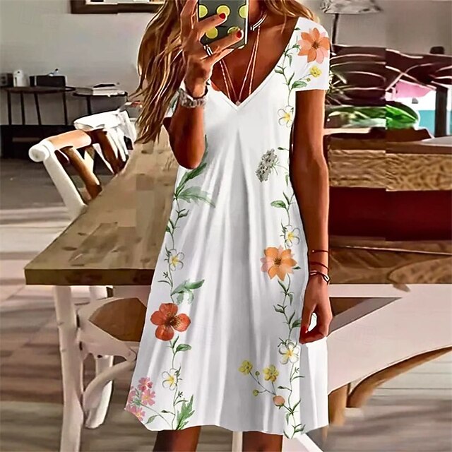  Per donna Mini Abito Vestito Casual Abito Estivo Moda Moderno Quotidiano Spiaggia Weekend Vestibilità regolare Fiore Manica Corta Scollo a V Bianco Primavera Autunno