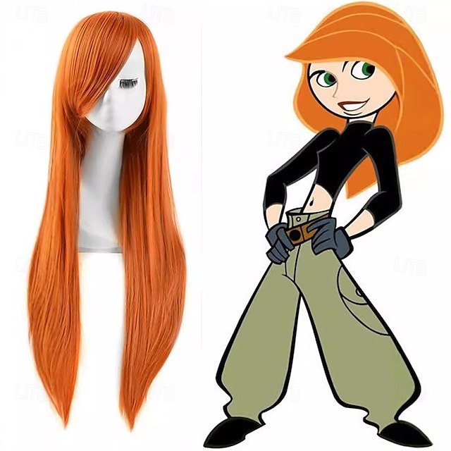  Kim Possible Anime Cosplay Langhaarperücke mit seitlichem Pony, orange, vielseitiges Kopfstück