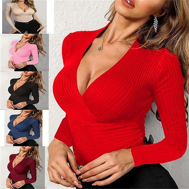  Femmes T-shirt Uni Mode Moderne manche longue Col en V Hauts Réguliers Quotidien Noir Rose Claire Rouge Été