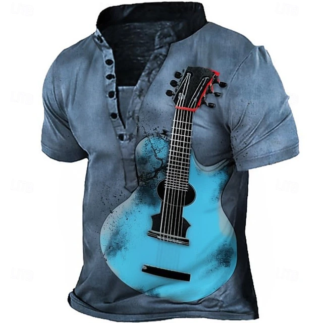 Men's Guitar T Shirt Henley Shirt Tee Short Sleeve Vintage Designer Basic Outdoor Casual Daily Summer Blue Henley Henley T-Shirt4