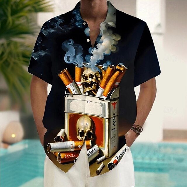 Men's Skull Cigarette Halloween Costumes Shirt Summer Shirt Button Up Shirt Short Sleeve Vintage Retro Outdoor Vacation Dailywear Summer Spring Turndown 3D Print Collared Shirts Front One Pocket Black4