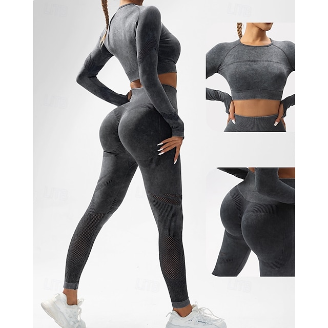  Damen 2 Stück Yoga-Trainingsanzug Lounge-Outfits  Herbst Einfarbig Kombination Armeegrün Schwarz Fitnesstraining Hohe Taille Elastisch Atmungsaktiv Langarm Sport Sportkleidung Schlank