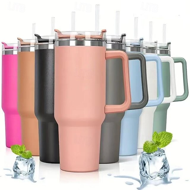  copo de canudo de aço inoxidável reutilizável, garrafa térmica com isolamento a vácuo de parede dupla de 40 onças com alça e canudo, copo térmico de qualidade alimentar para bebidas quentes e frias