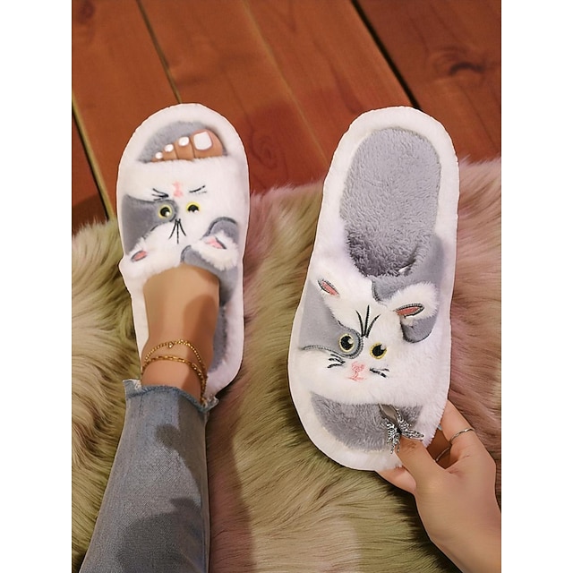  Chaussons en peluche pour femmes, motif chat de dessin animé – chaussures d'intérieur en peluche douce pour une utilisation confortable à la maison, dans la chambre et pour se détendre