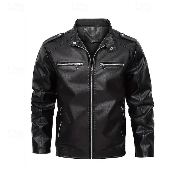  Bărbați Δερμάτινα μπουφάν Geaca de motociclist Geaca de motociclete Vacanță Zilnic Rezistent la Vânt Cald Buzunar Toamnă Iarnă Simplu Modă Clasic Guler de stand Regulat Negru Jachete