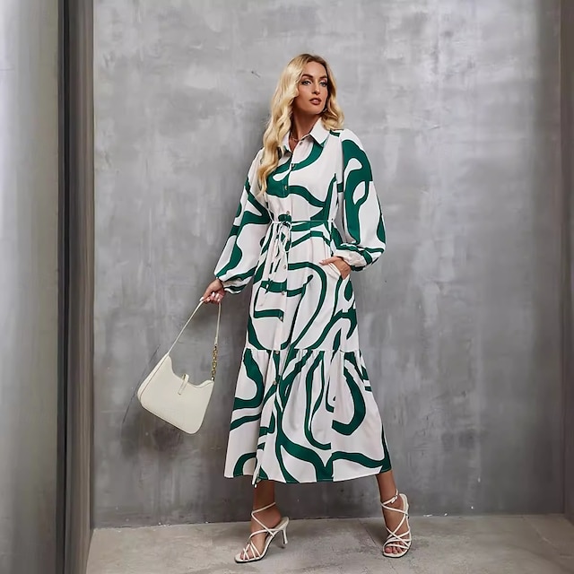  Dames Maxi-jurk A lijn jurk Vakantie Feest Casual Feest Dagelijks Afspraakje Normale pasvorm Abstract Lijn Lange mouw Overhemdkraag Zwart-wit print Groene en witte print Zomer Lente Herfst