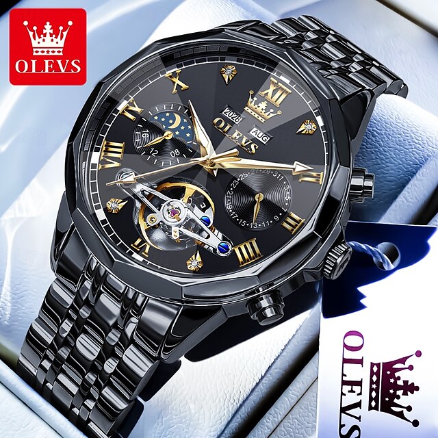  OLEVS Hombre Relojes Mecánico Al Aire Libre Moda Reloj Casual Reloj de Muñeca Cuerda Automática Pantalla de fase lunar Luminoso Calendario perpetuo Acero Reloj