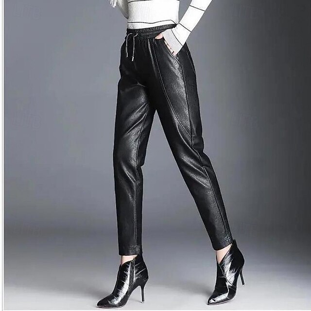 Women's EU / US Size Fleece Pants Leather Pants Cropped Pants Casual / Sporty Plus velvet Ankle-Length High Rise Plain Stylish Harem Windproof Outdoor Warm Micro-elastic Office / Career Winter Black3