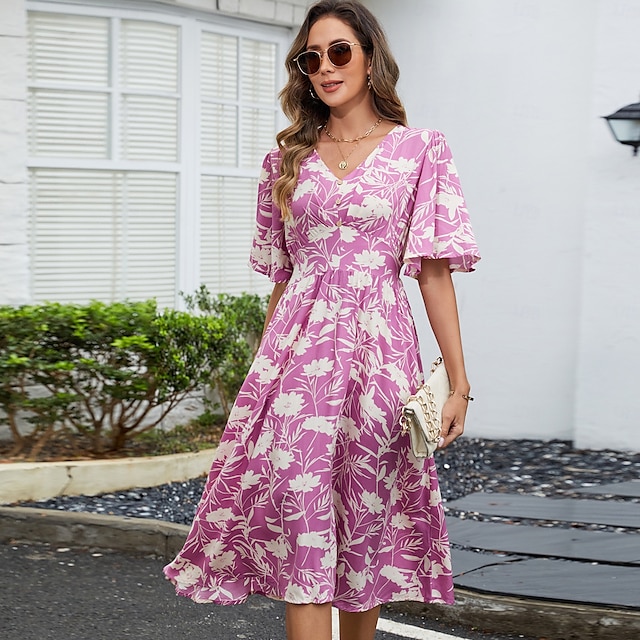  Damen Midikleid A Linie Kleid Urlaub Boho Strand Trompetenärmel Party Ausgehen Strand Lässiger Schnitt Blumen Grafik Kurzarm V Ausschnitt Violett Sommer Frühling