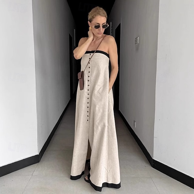  Robe longue en lin et coton pour femme, robe d'été, robe trapèze, robe à épaules dénudées, vacances, anniversaire, décontractée, fête, plage, coupe standard, couleur unie, graphique, sans manches,