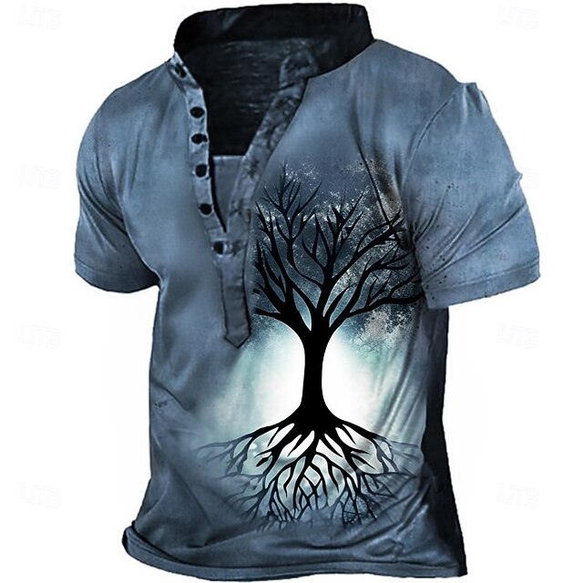 Men's Graphic Tree T Shirt Henley Shirt Tee Short Sleeve Vintage Designer Basic Outdoor Casual Daily Summer Spring Blue Henley Henley T-Shirt4
