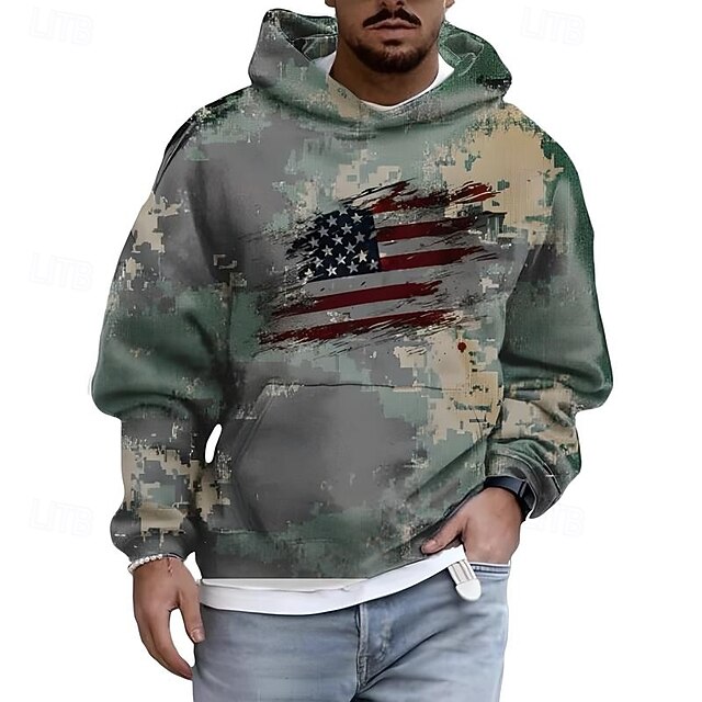 Men's Hoodie Green Gray Hooded Camo / Camouflage American Flag Front Pocket Daily Holiday Going out Polyester Streetwear Casual Fall Winter Clothing Apparel Hoodies Sweatshirts3