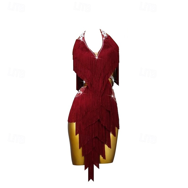  Rochie de dans latino cu ciucuri cu strasuri, pentru femei, fără mâneci, salsa, rumba, costume de dans pentru scenă