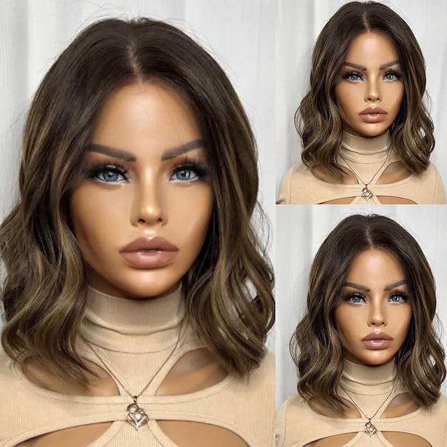  Peluca brasileña de cabello virgen sin procesar, con cierre de encaje de 5x5, sin pegamento, con mechas de colores, 13x4, bob corto, con encaje frontal, peluca ondulada de color castaño rojizo, línea