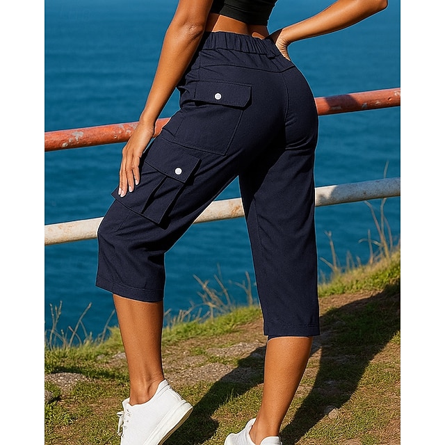  Dam Joggingbyxor Cargo Capribyxor Fickor Rakt ben Hög midja Underdelar Fritids- Gym Träningspass Mikroelasticitet Andningsfunktion Camping Träna Träning Lös passning Sportkläder Sportkläder Solid färg
