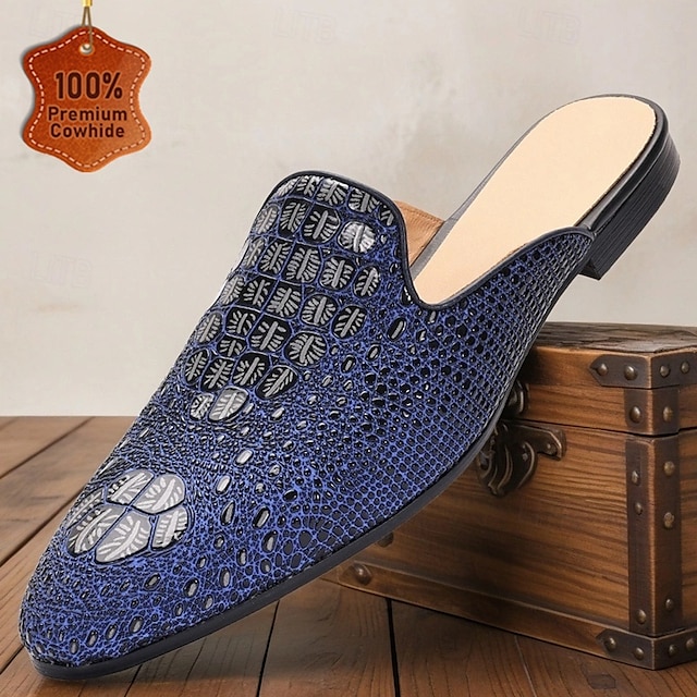  Men's Blue Crocodile Pattern Leather Mule Shoes – Slip-On Luxury Loafers for Stylish Men at Summer Parties and Resort Events