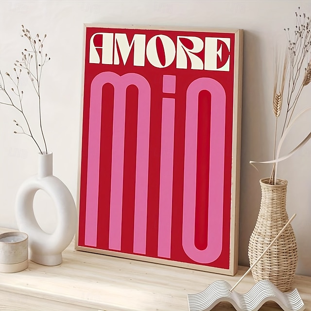  1 affiche sur toile « Amore mio » - rouge vif &Décoration murale sans cadre d'art moderne rose avec un design de texte stylisé, parfaite pour la chambre à coucher, le salon ou le couloir, décoration