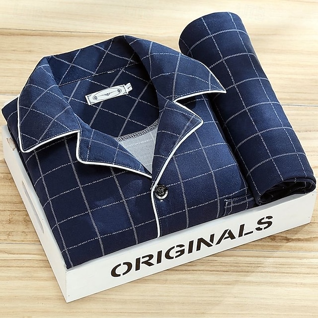  Homens Roupa de Dormir Conjunto de Pijama Top e calça de pijama 1conjunto Xadrez Moda à moda Clássico Casa Diário De Cama Poliéster Conforto Macio Respirável Lapela Manga Longa Camisa Social Calça