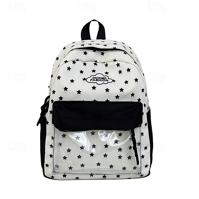 Girls’ Cute Star Print Backpack with Clear Front Pocket – Kawaii Canvas ...