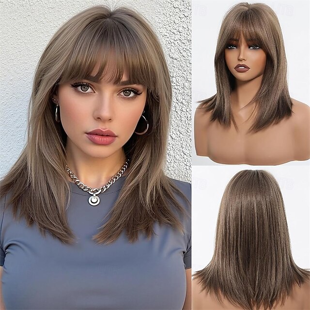 Short Brown Wig With Curtain Bangs Light Brown Bob Wigs 16 Inch Middle Length Wig Straight Bob Wig for Women Blonde Highlights Synthetic Wig Heat Resistant Fiber Hair4