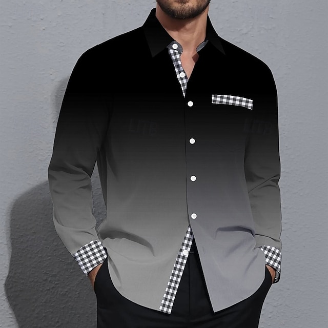  Herr Geometrisk Rutnät / Pläd Gradientfärg Skjorta Knapp upp skjorta Långärmad Mode Casual Semester Dagligen Streetwear Vår Höst Nedvikt 3D-utskrift krage skjortor Främre en ficka Svart