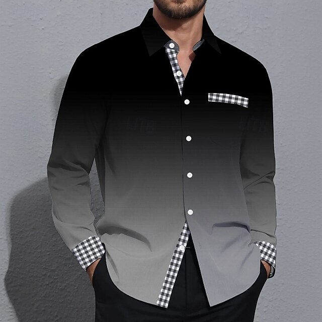 Men's Geometric Grid / Plaid Gradient Color Shirt Button Up Shirt Long Sleeve Fashion Casual Vacation Daily Streetwear Spring Fall Turndown 3D Print Collared Shirts Front One Pocket Black4