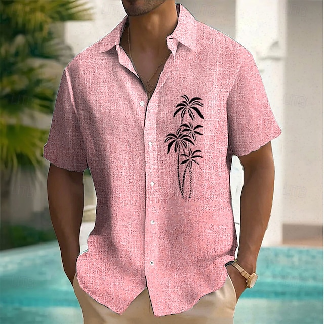  Men's Coconut Tree Tropical Plants Linen Shirt Summer Hawaiian Shirt Button Up Shirt Short Sleeve Hawaiian Resort Vacation Holiday Beach Wear Summer Spring Turndown Collared Shirts Pink Blue Green