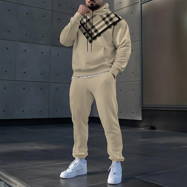  Men's Plaid Color Block 2pcs 3D Sweatshirt Sets Tracksuit Hoodie Sweatshirt Long Sleeve Long pants Hooded Sporty Casual Daily Athleisure 3D Print Spring Fall Winter Brown