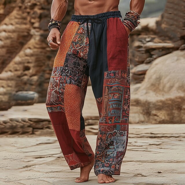 Men's Color Block Patchwork Trousers Baggy Pants Casual Pants Mid Waist Vintage Retro Outdoor Vacation Elastic Drawstring Waist Linen-Like Pants with Pockets Summer Spring 3D Print Black / Red4